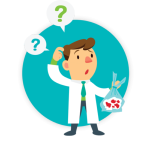 Circle image of confused healthcare worker holding a medical waste bag with question marks in a teal circle graphic.